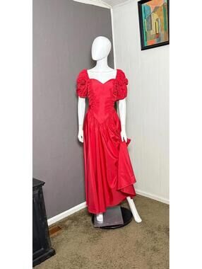 1980's Red Party Dress Rosette Sleeves Princess Waist Ruched Bodice